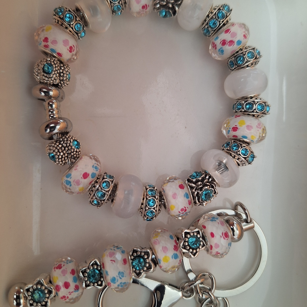 Handmade Multi Color Glass Beaded Bracelet Set. With Silver Encased Gem Stones.